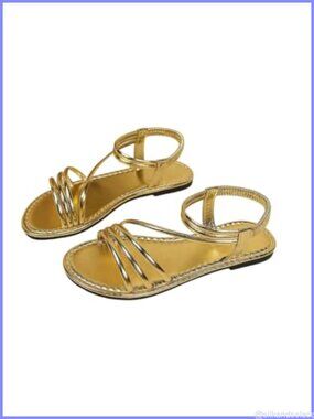Faux Leather Strappy Flat Sandals Metallic Open Toe Ankle Strap